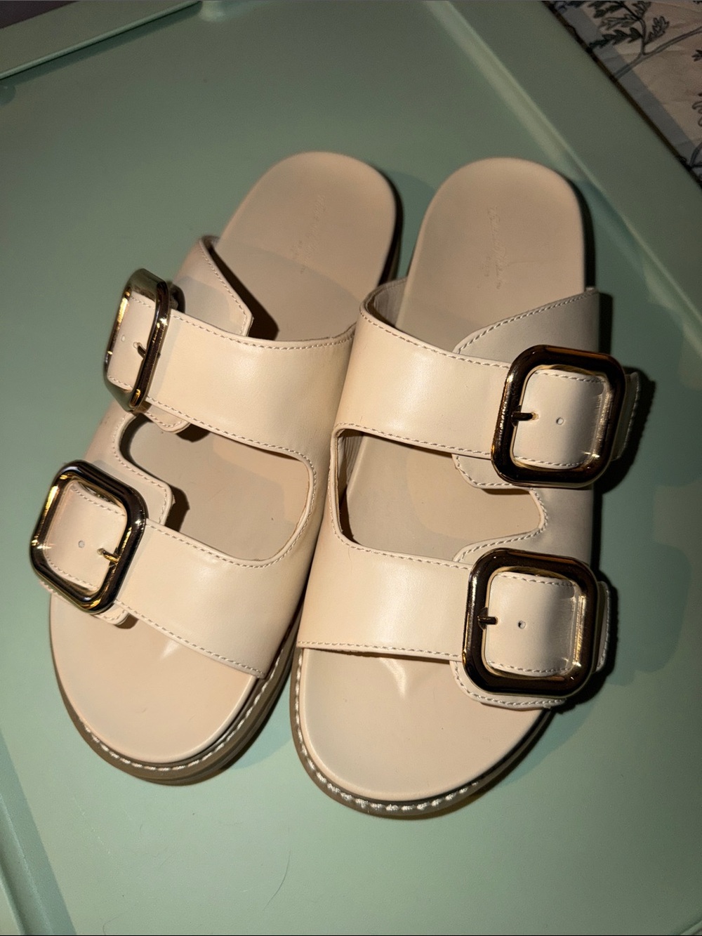 Universal Thread Cream Double-Buckle Slide Sandals with Gold Buckles